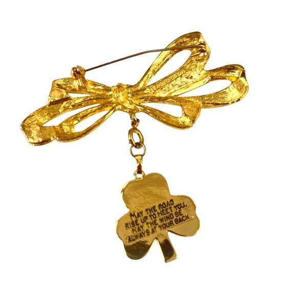 Phister Gold-Tone Bow Brooch With Dangling Green Enamel Clover Celtic Cross Char - Picture 7 of 8